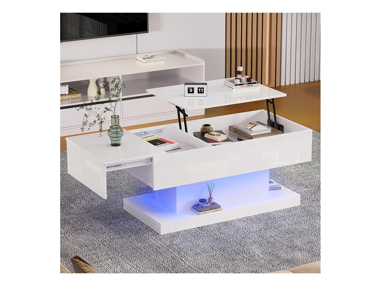 Table basse LED avec plateau relevable, 4 tiroirs, design moderne, blanc, (100x50x45 cm)