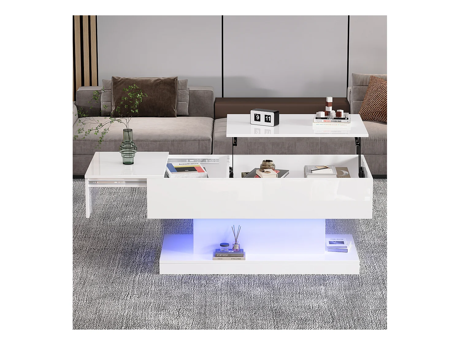 Table basse LED avec plateau relevable, 4 tiroirs, design moderne, blanc, (100x50x45 cm)