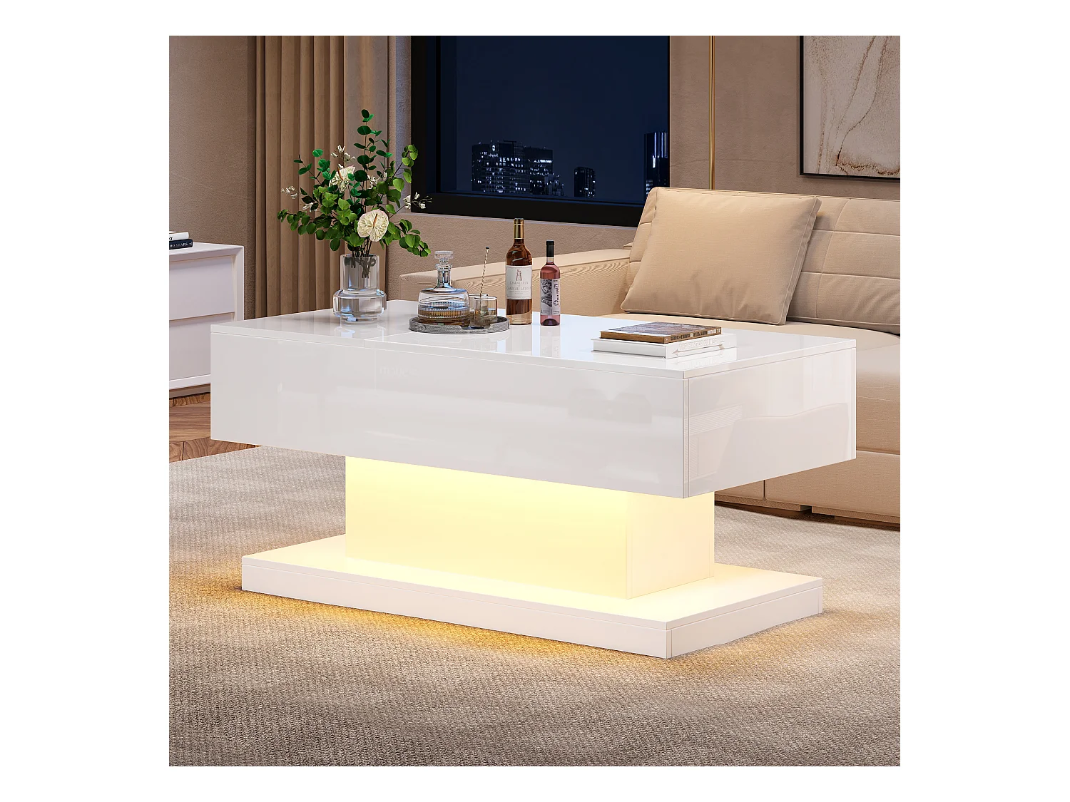 Table basse LED avec plateau relevable, 4 tiroirs, design moderne, blanc, (100x50x45 cm)