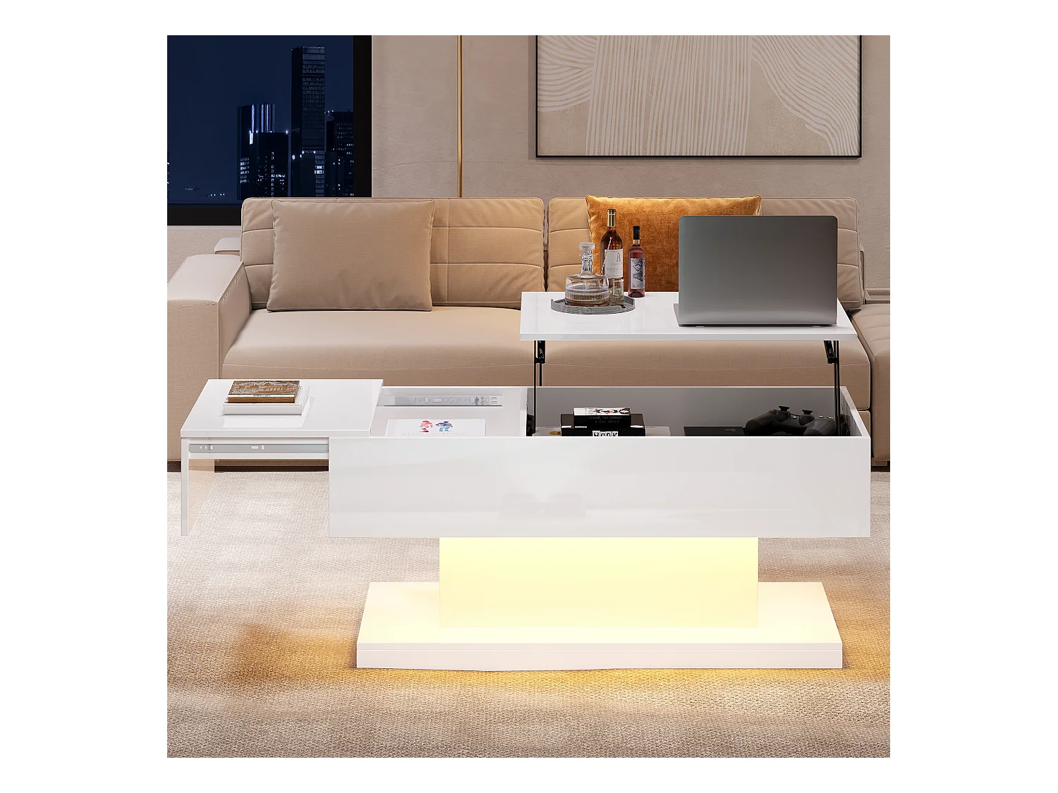 Table basse LED avec plateau relevable, 4 tiroirs, design moderne, blanc, (100x50x45 cm)