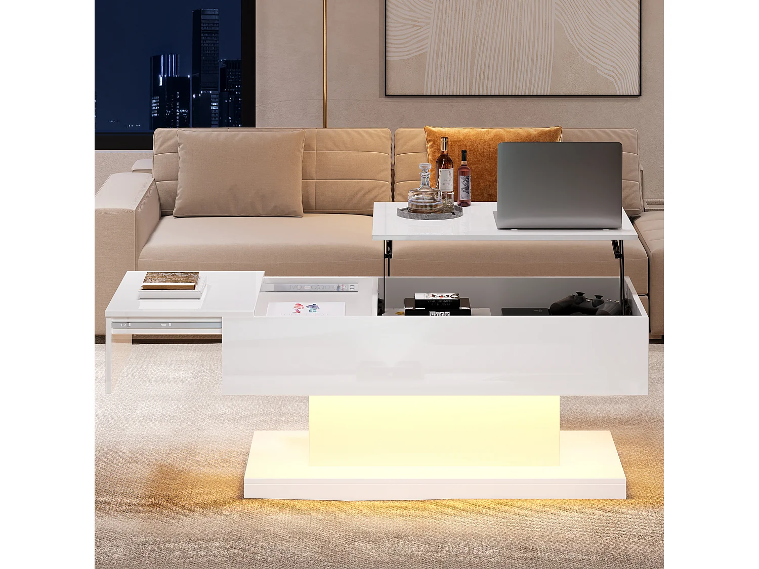 Tavolino LED con piano sollevabile, 4 cassetti, design moderno, bianco, (100x50x45 cm)