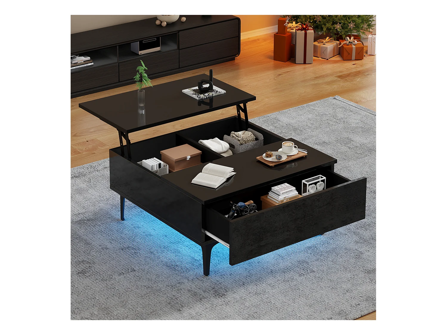 Table basse réglable en hauteur, design moderne avec rangement caché et éclairage LED, MDF noir brillant (70x70x35cm)