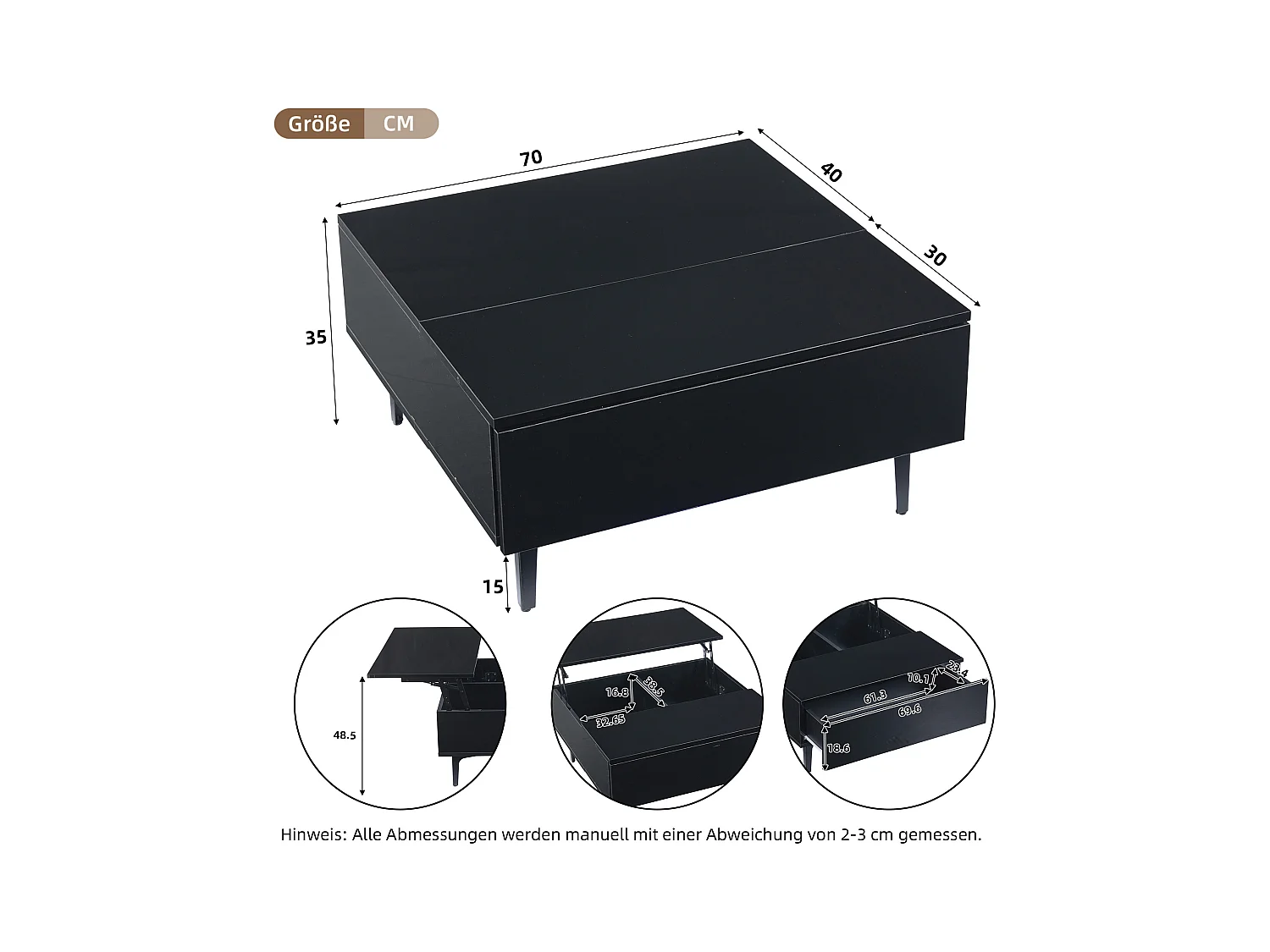 Table basse réglable en hauteur, design moderne avec rangement caché et éclairage LED, MDF noir brillant (70x70x35cm)