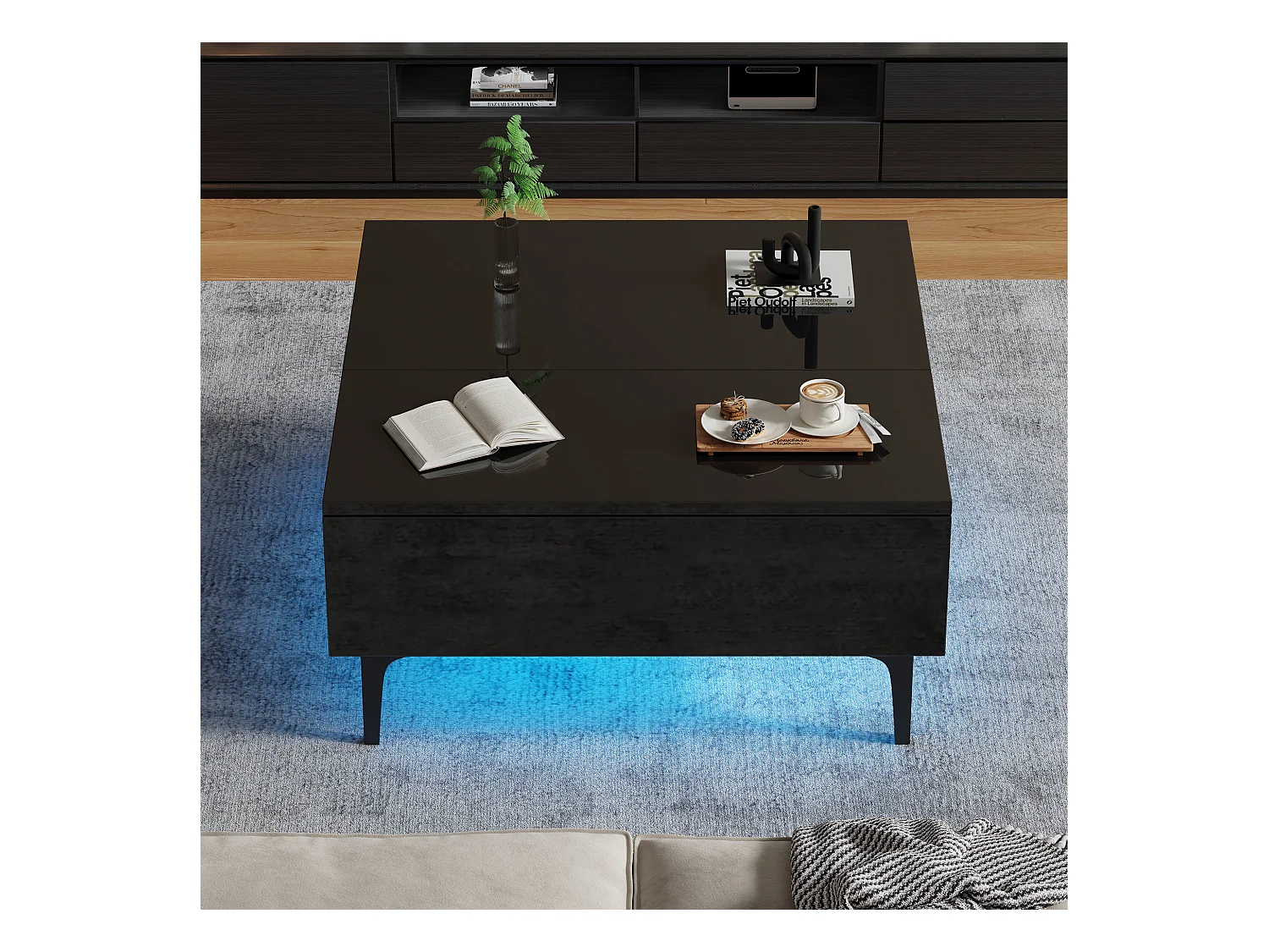 Table basse réglable en hauteur, design moderne avec rangement caché et éclairage LED, MDF noir brillant (70x70x35cm)