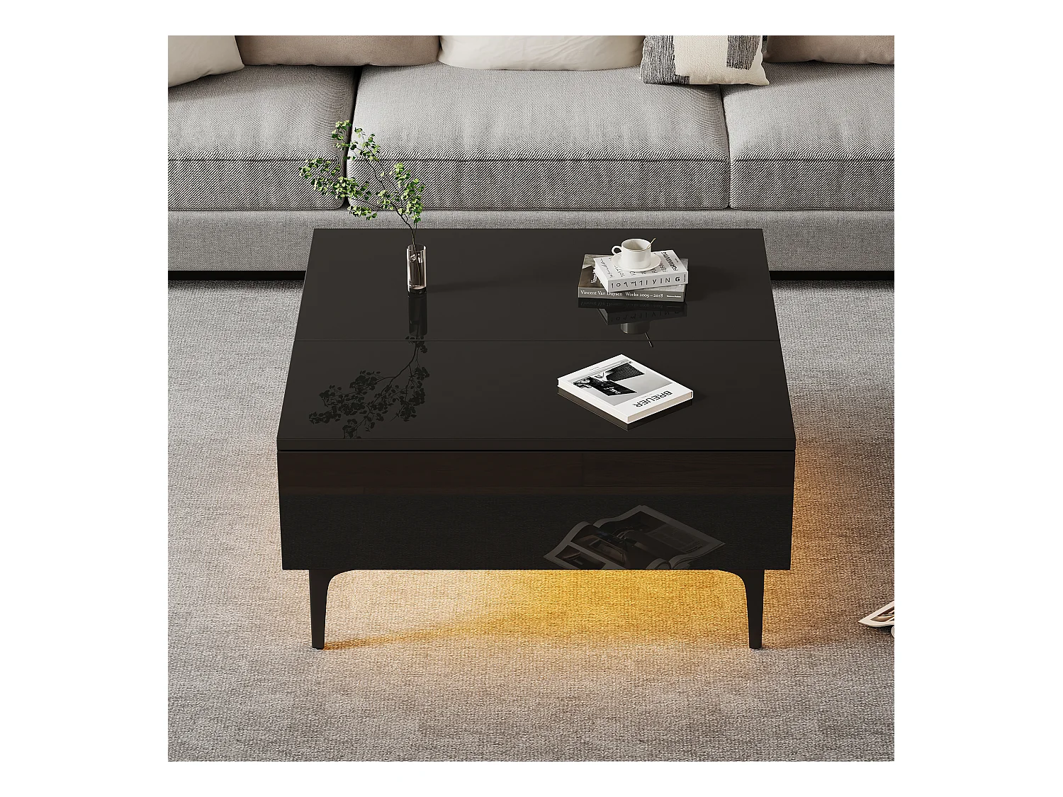 Table basse réglable en hauteur, design moderne avec rangement caché et éclairage LED, MDF noir brillant (70x70x35cm)