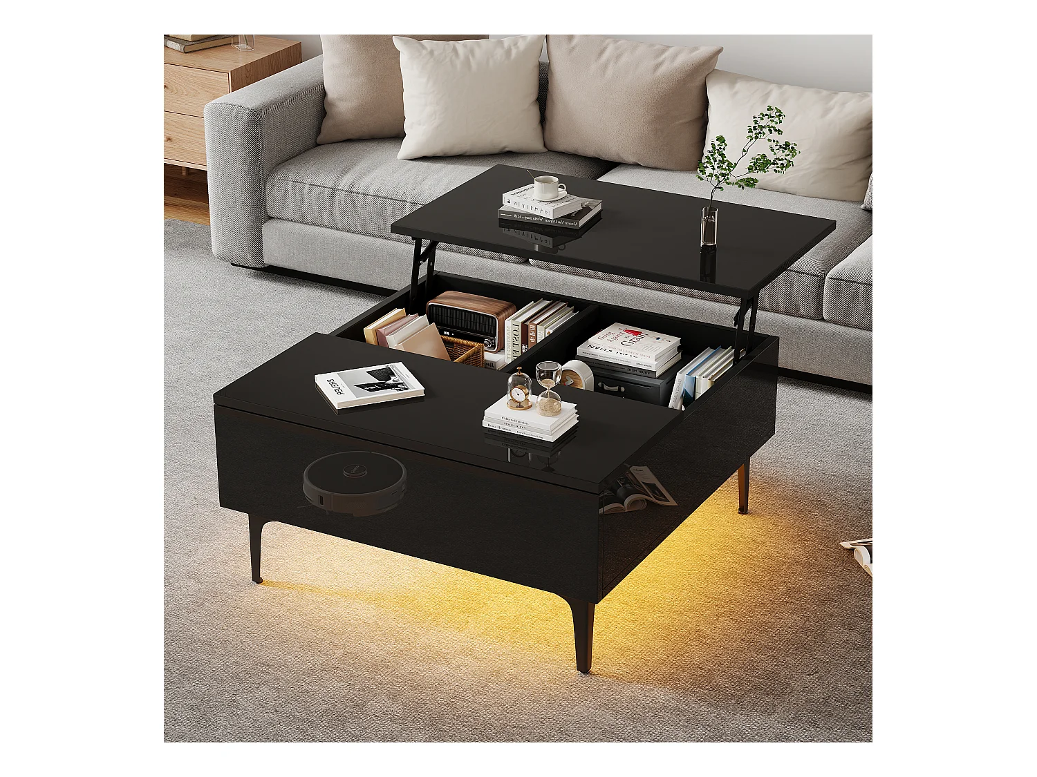 Table basse réglable en hauteur, design moderne avec rangement caché et éclairage LED, MDF noir brillant (70x70x35cm)