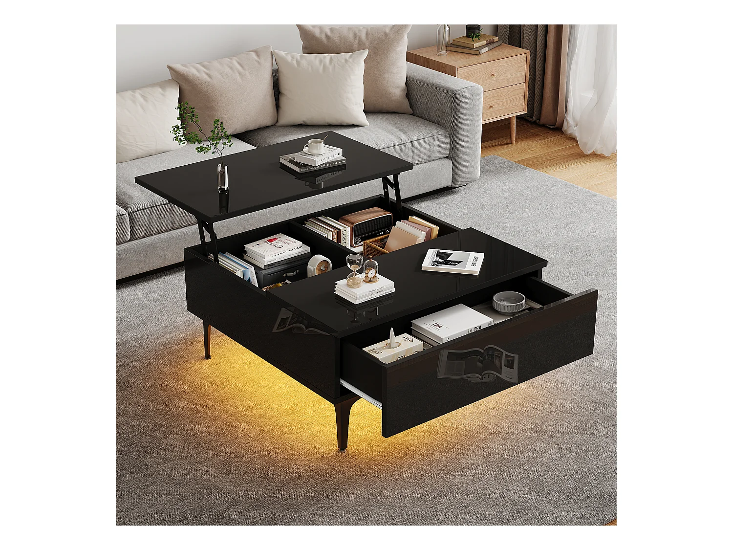 Table basse réglable en hauteur, design moderne avec rangement caché et éclairage LED, MDF noir brillant (70x70x35cm)
