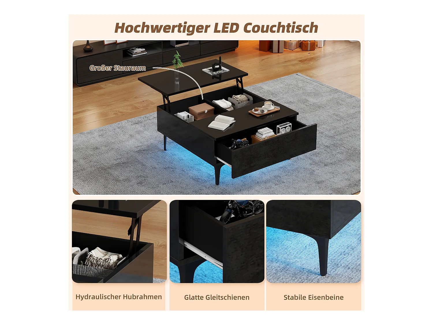 Table basse réglable en hauteur, design moderne avec rangement caché et éclairage LED, MDF noir brillant (70x70x35cm)