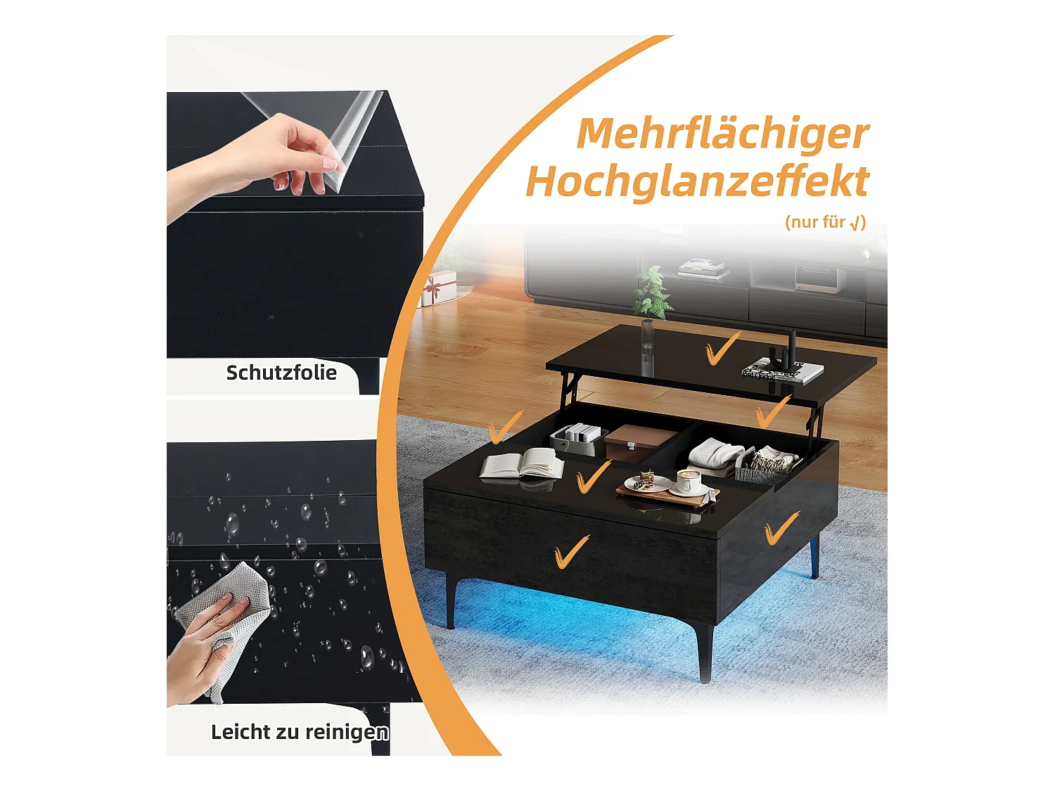 Table basse réglable en hauteur, design moderne avec rangement caché et éclairage LED, MDF noir brillant (70x70x35cm)