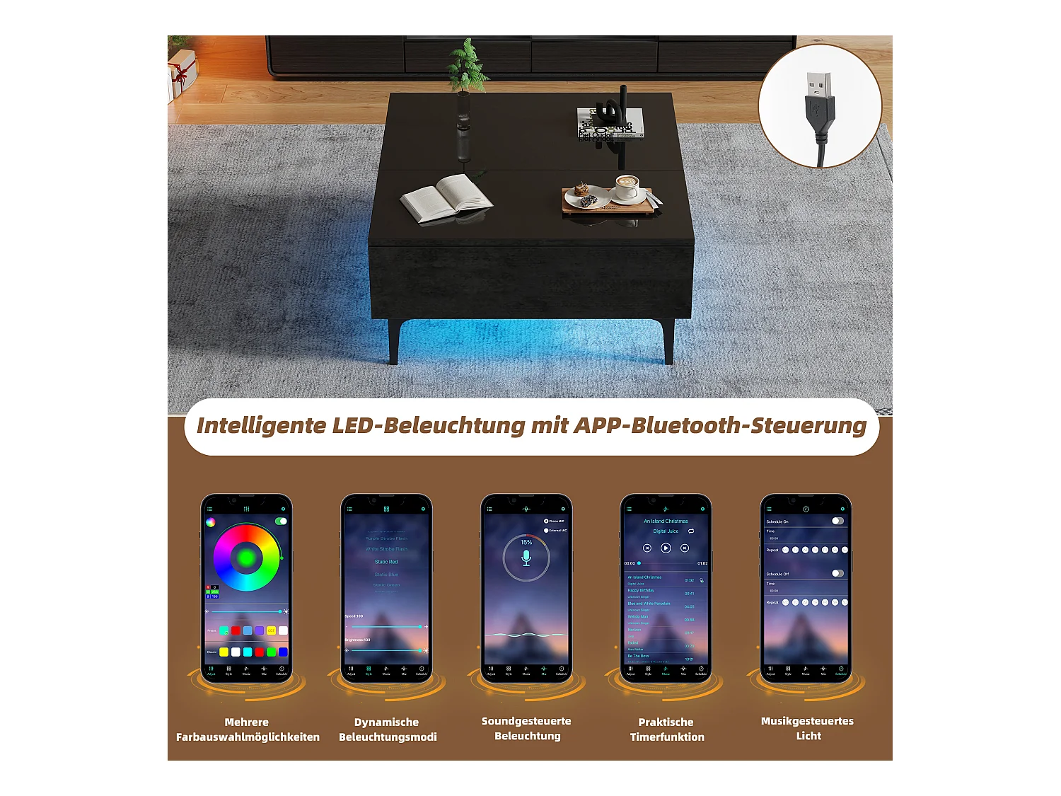 Table basse réglable en hauteur, design moderne avec rangement caché et éclairage LED, MDF noir brillant (70x70x35cm)