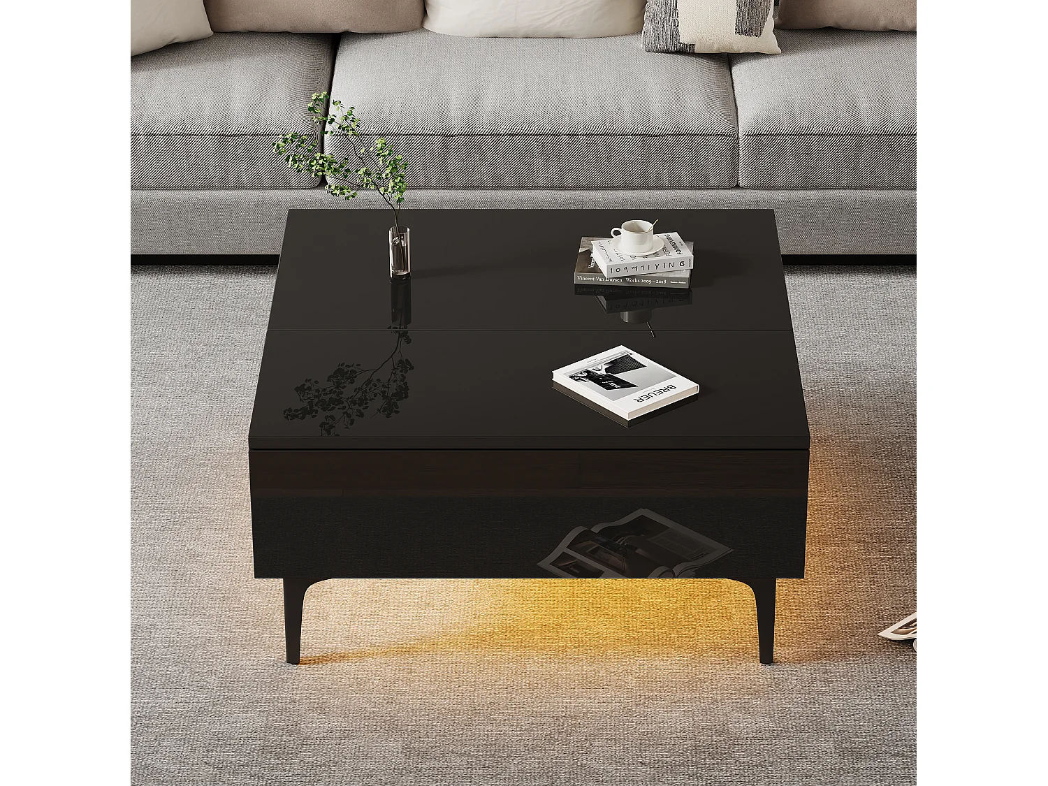Mesa de centro regulable en altura, diseño moderno con almacenaje oculto e iluminación LED, MDF negro brillante (70x70x35cm)