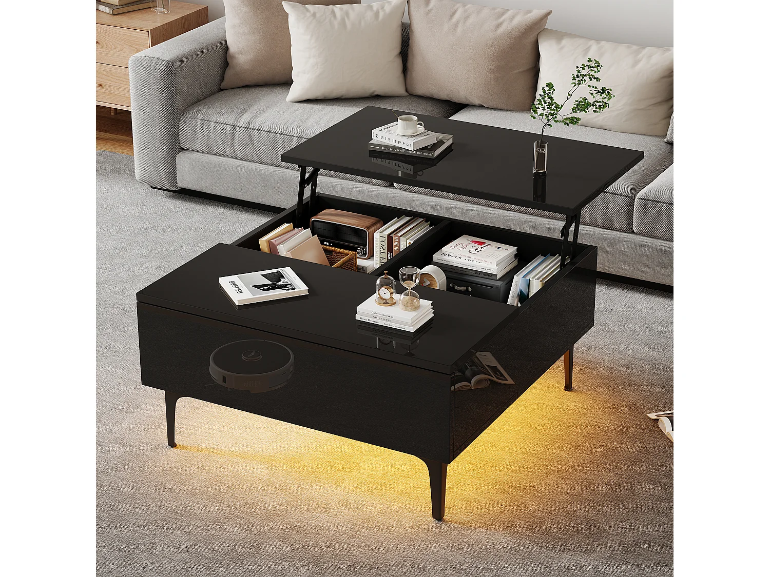 Mesa de centro regulable en altura, diseño moderno con almacenaje oculto e iluminación LED, MDF negro brillante (70x70x35cm)