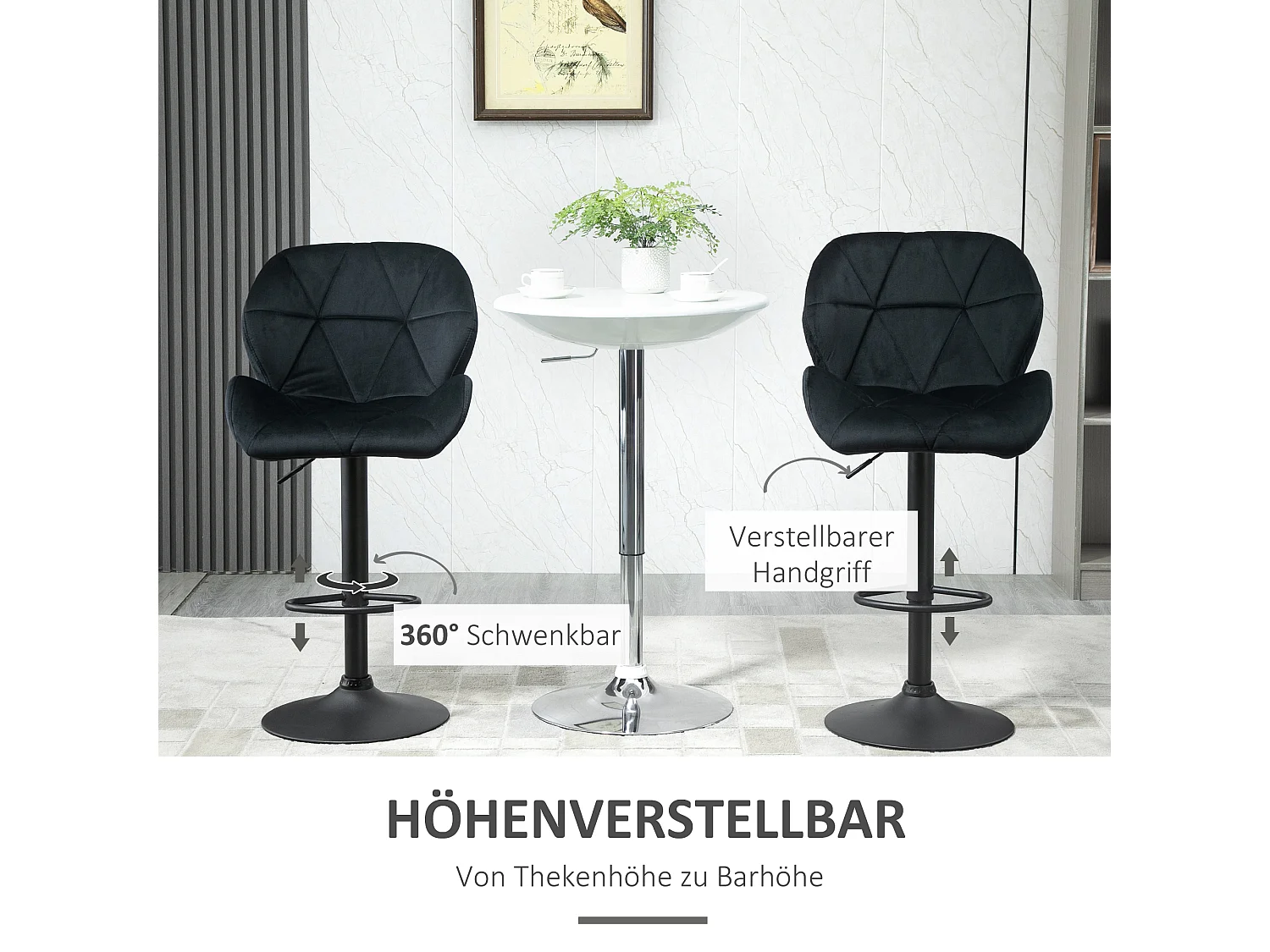 Lot de 2 tabourets de bar pivotants, hauteur réglable, dossier incliné, velours noir (51.5x57.5x93-114.5cm)