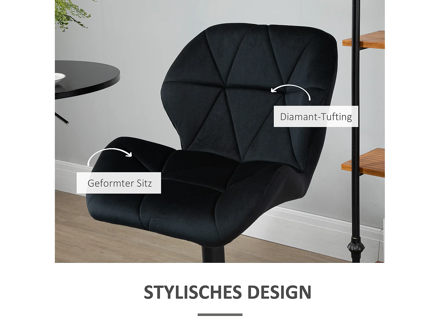 Lot de 2 tabourets de bar pivotants, hauteur réglable, dossier incliné, velours noir (51.5x57.5x93-114.5cm)