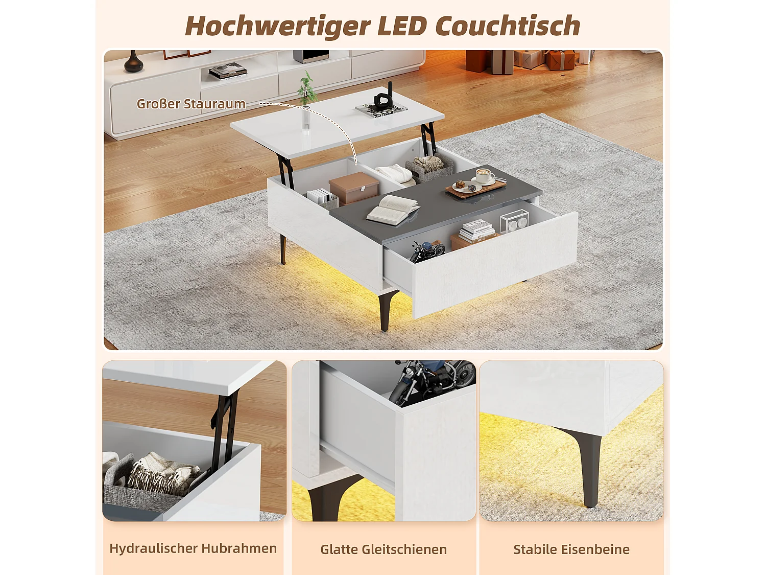 Tavolino da caffè regolabile in altezza, design moderno con spazio nascosto e LED, MDF bianco lucido (70x70x35cm)