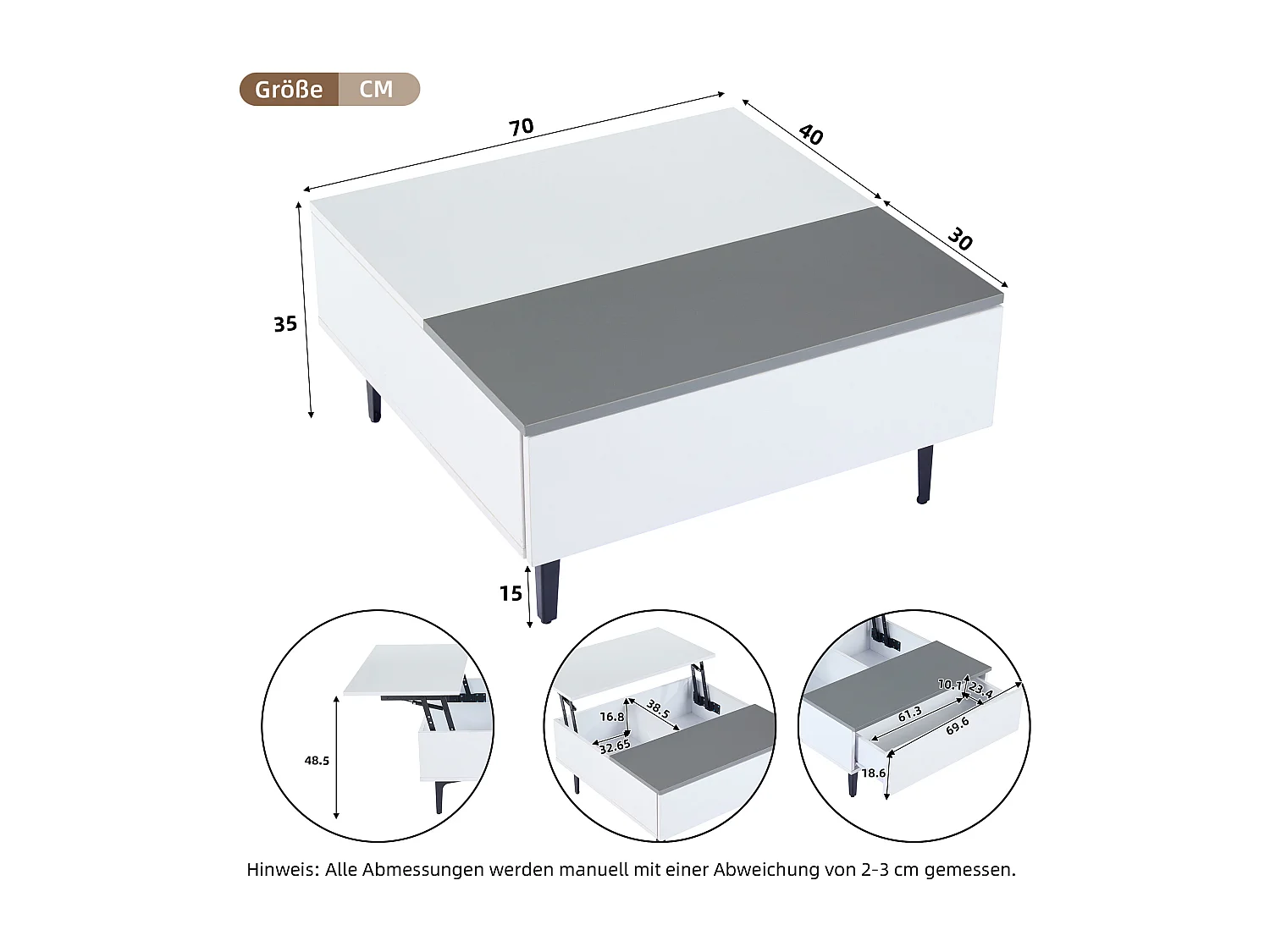 Tavolino da caffè regolabile in altezza, design moderno con spazio nascosto e LED, MDF bianco lucido (70x70x35cm)