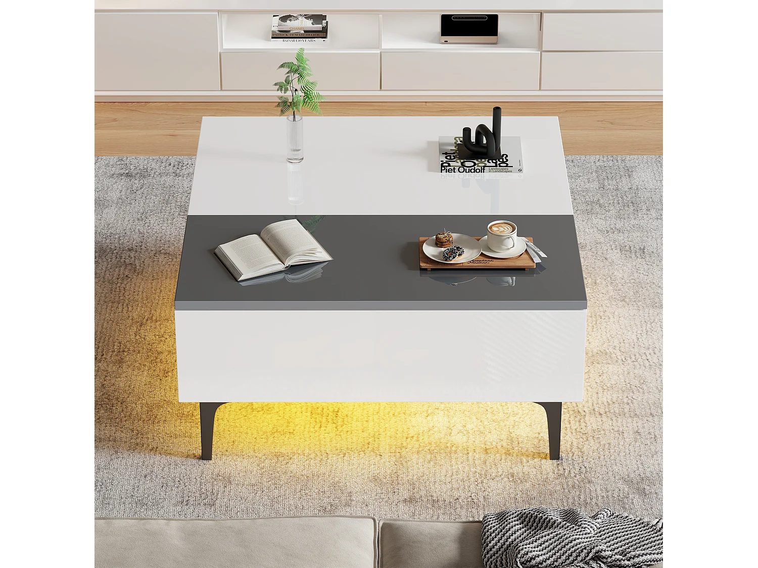 Tavolino da caffè regolabile in altezza, design moderno con spazio nascosto e LED, MDF bianco lucido (70x70x35cm)