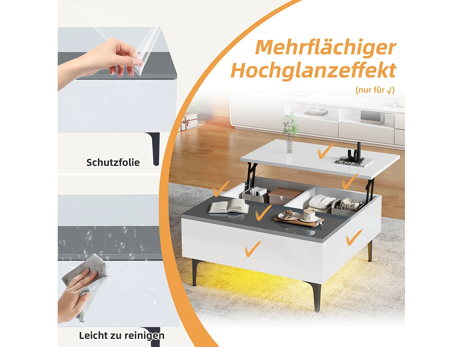 Table basse réglable en hauteur, design moderne avec rangement caché et LED, MDF blanc brillant (70x70x35cm)