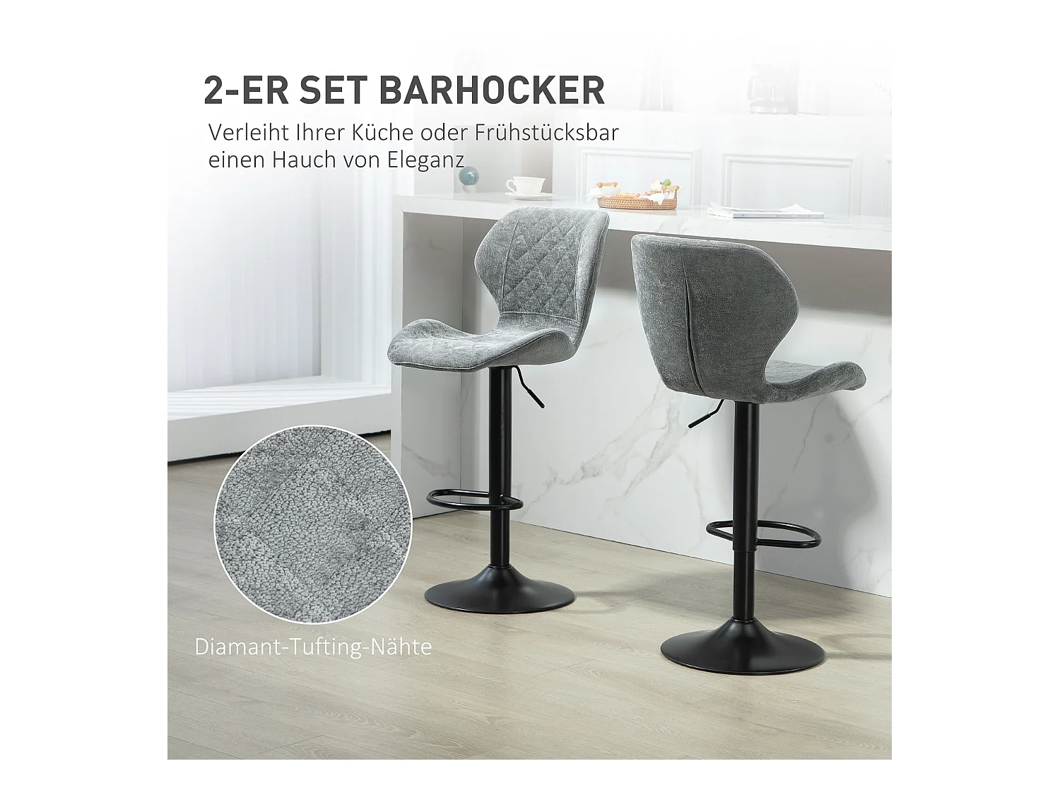 Tabouret de bar avec dossier, réglable en hauteur, tissu chenille, pieds en métal, gris foncé (51.5x48x112 cm)