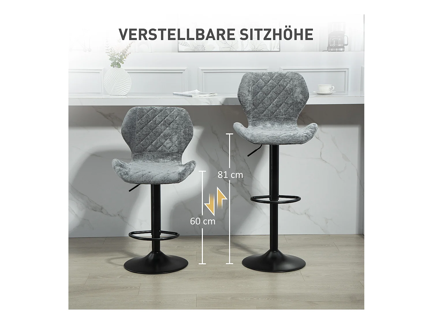 Tabouret de bar avec dossier, réglable en hauteur, tissu chenille, pieds en métal, gris foncé (51.5x48x112 cm)