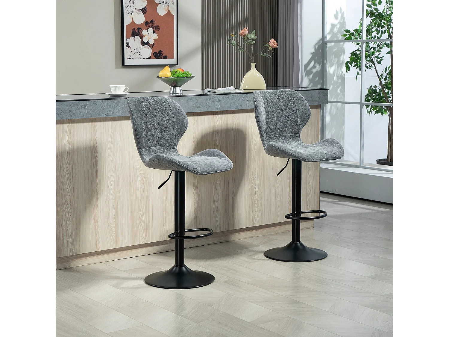 Tabouret de bar avec dossier, réglable en hauteur, tissu chenille, pieds en métal, gris foncé (51.5x48x112 cm)