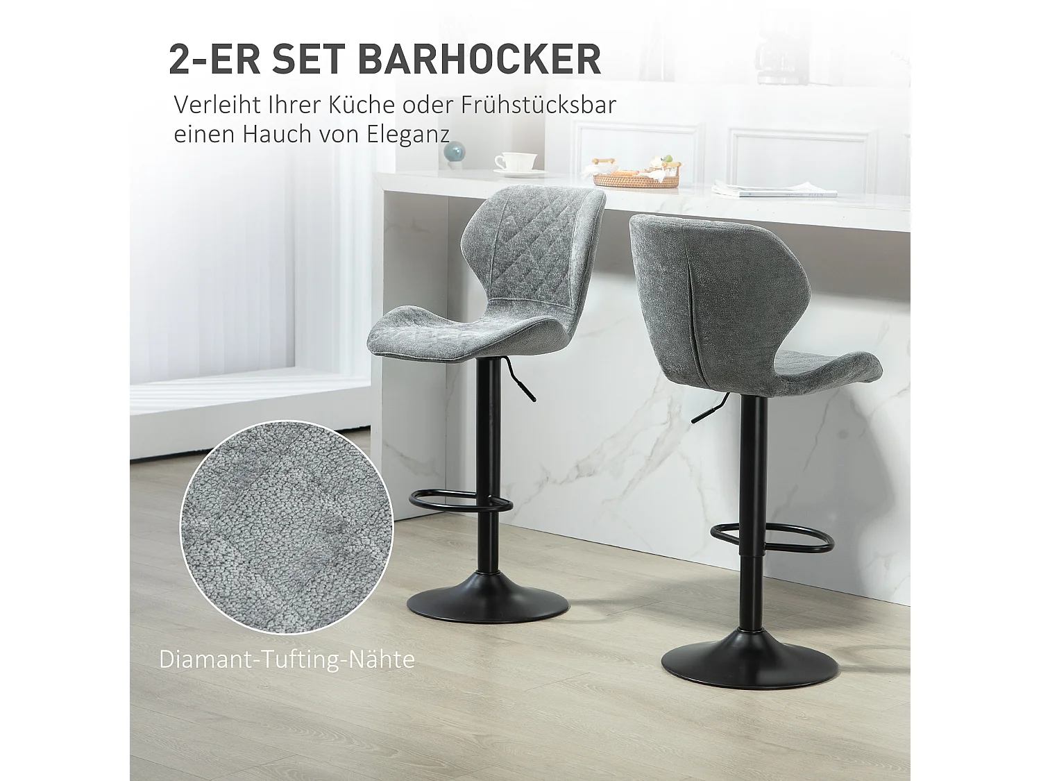 Tabouret de bar avec dossier, réglable en hauteur, tissu chenille, pieds en métal, gris foncé (51.5x48x112 cm)