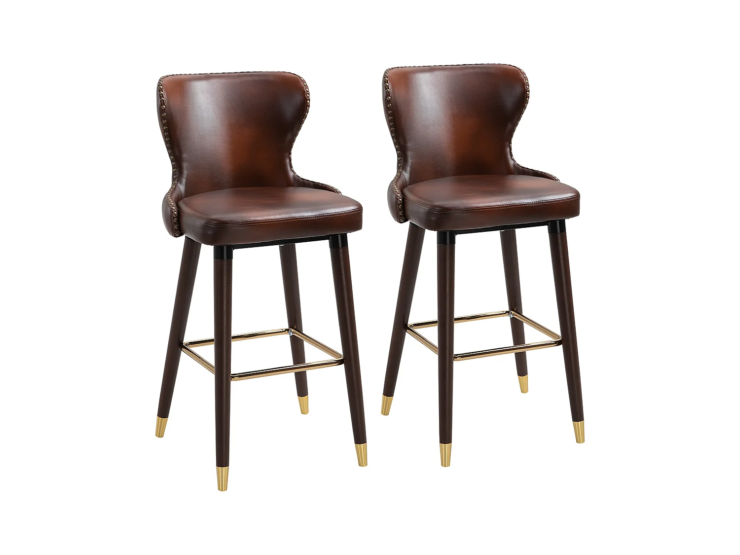 Barkrukset van 2 stuks, vintage design, metaal, hout en PU-frame, bruin (52x53x101 cm)