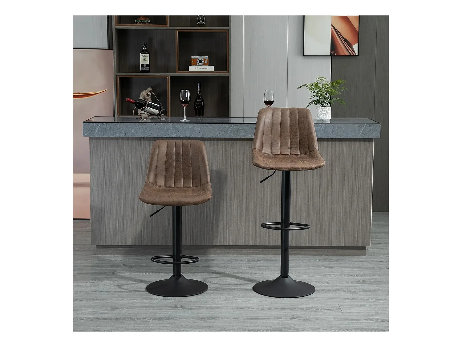 Set van 2 verstelbare barkrukken, hoge rugleuning en voetensteun, bruin imitatieleer (43x46,5x89-110cm)