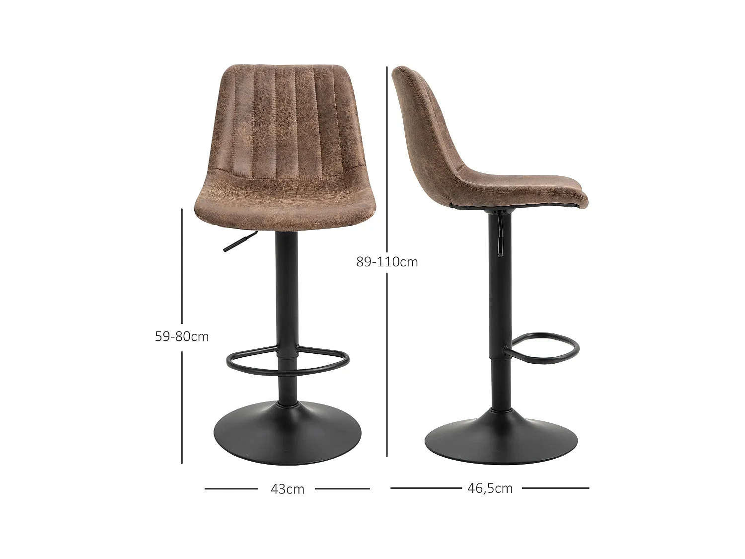 Set van 2 verstelbare barkrukken, hoge rugleuning en voetensteun, bruin imitatieleer (43x46,5x89-110cm)