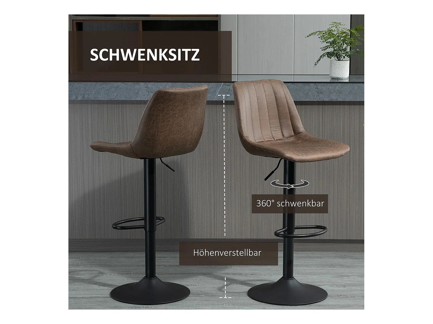 Set van 2 verstelbare barkrukken, hoge rugleuning en voetensteun, bruin imitatieleer (43x46,5x89-110cm)