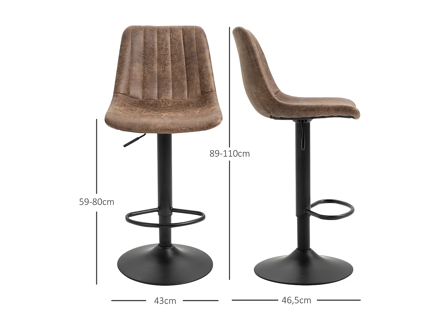 Lot de 2 tabourets de bar réglables, dossier haut et repose-pieds, similicuir brun (43x46.5x89-110cm)