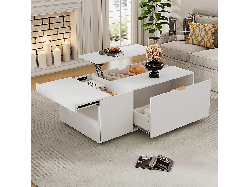 Tavolino moderno sollevabile con cassetti e ante scorrevoli, design funzionale, truciolato, bianco (120x65x45,5 cm)