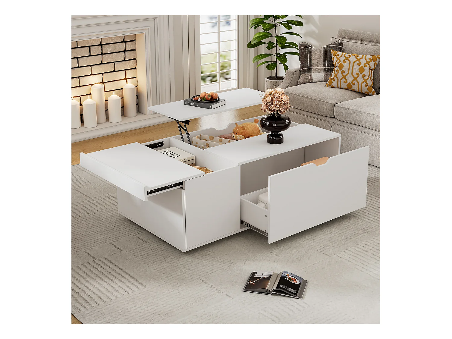 Table basse moderne lift-up avec tiroirs et portes coulissantes, design fonctionnel, bois aggloméré, blanc (120x65x45.5 cm)