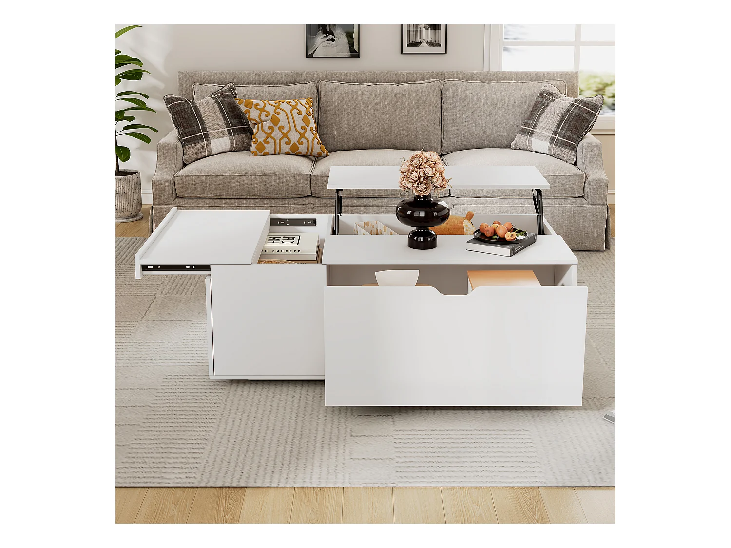 Table basse moderne lift-up avec tiroirs et portes coulissantes, design fonctionnel, bois aggloméré, blanc (120x65x45.5 cm)