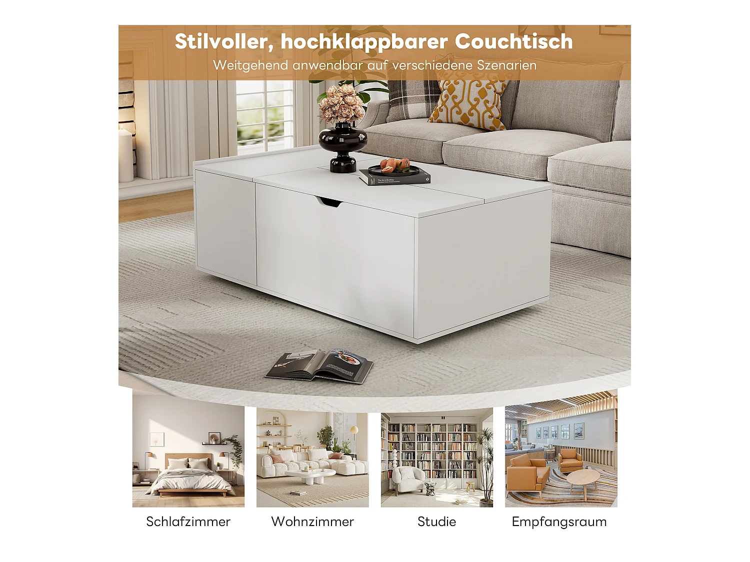 Table basse moderne lift-up avec tiroirs et portes coulissantes, design fonctionnel, bois aggloméré, blanc (120x65x45.5 cm)