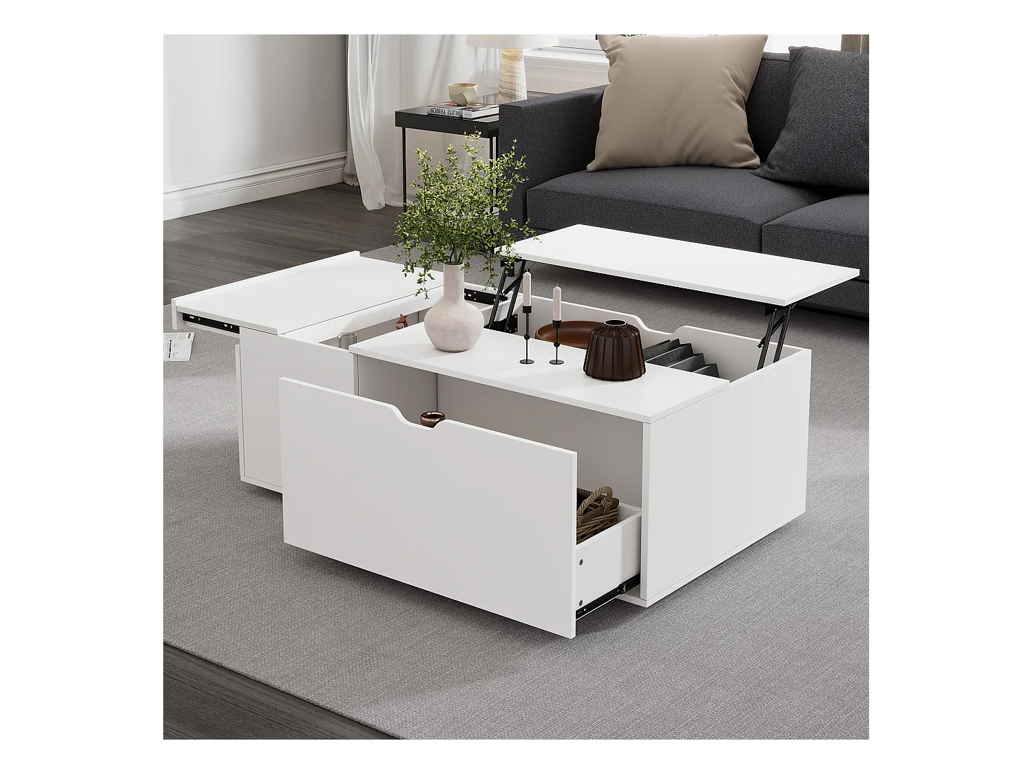 Table basse moderne lift-up avec tiroirs et portes coulissantes, design fonctionnel, bois aggloméré, blanc (120x65x45.5 cm)
