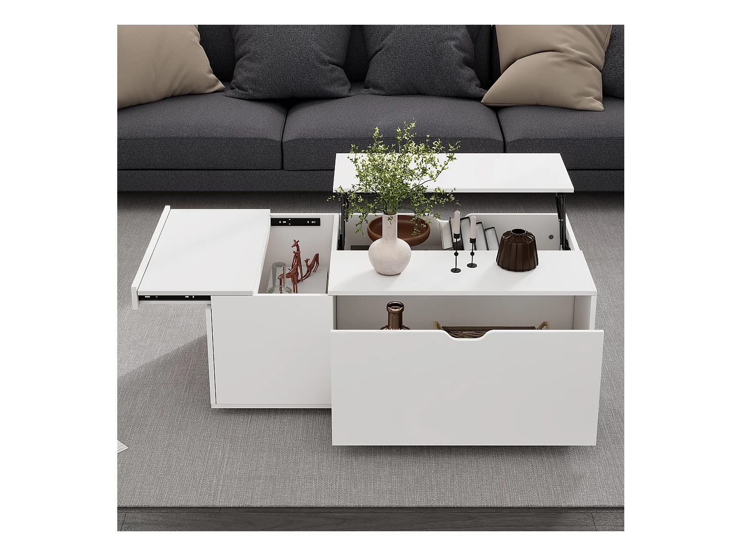 Table basse moderne lift-up avec tiroirs et portes coulissantes, design fonctionnel, bois aggloméré, blanc (120x65x45.5 cm)