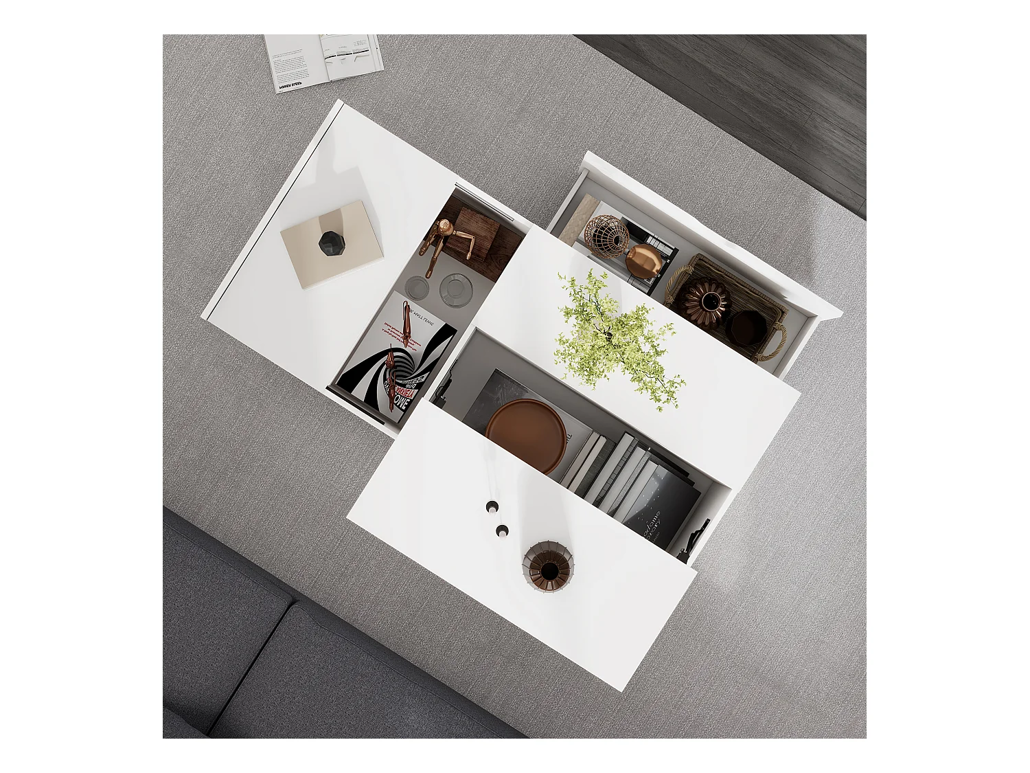 Table basse moderne lift-up avec tiroirs et portes coulissantes, design fonctionnel, bois aggloméré, blanc (120x65x45.5 cm)