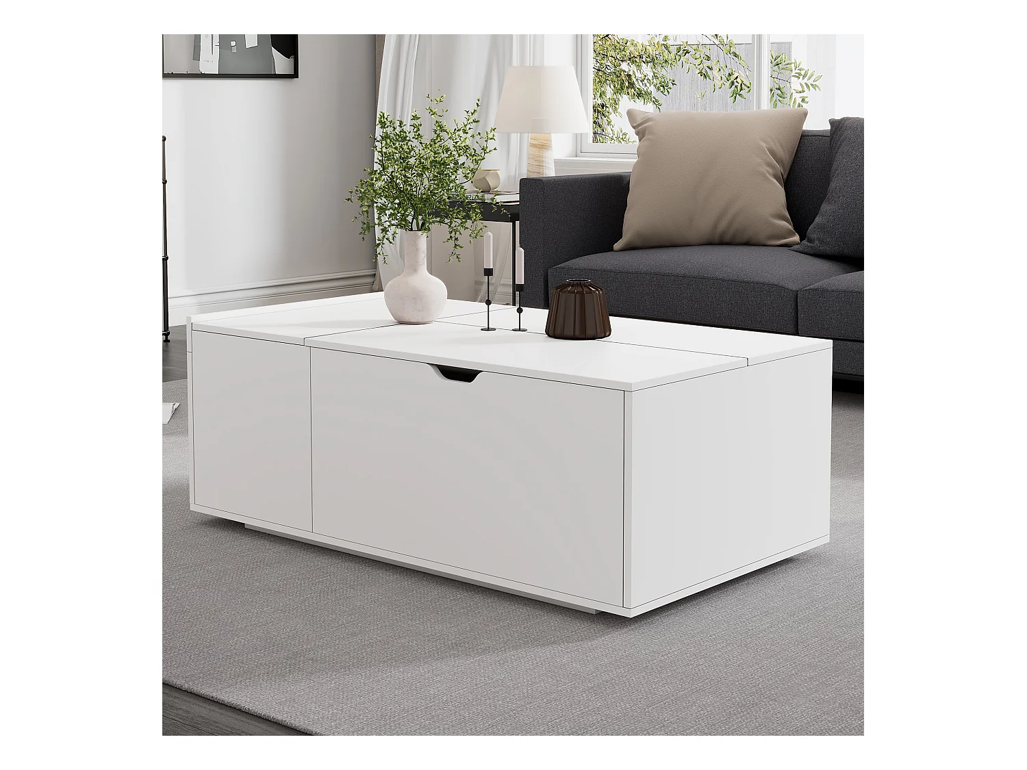 Table basse moderne lift-up avec tiroirs et portes coulissantes, design fonctionnel, bois aggloméré, blanc (120x65x45.5 cm)