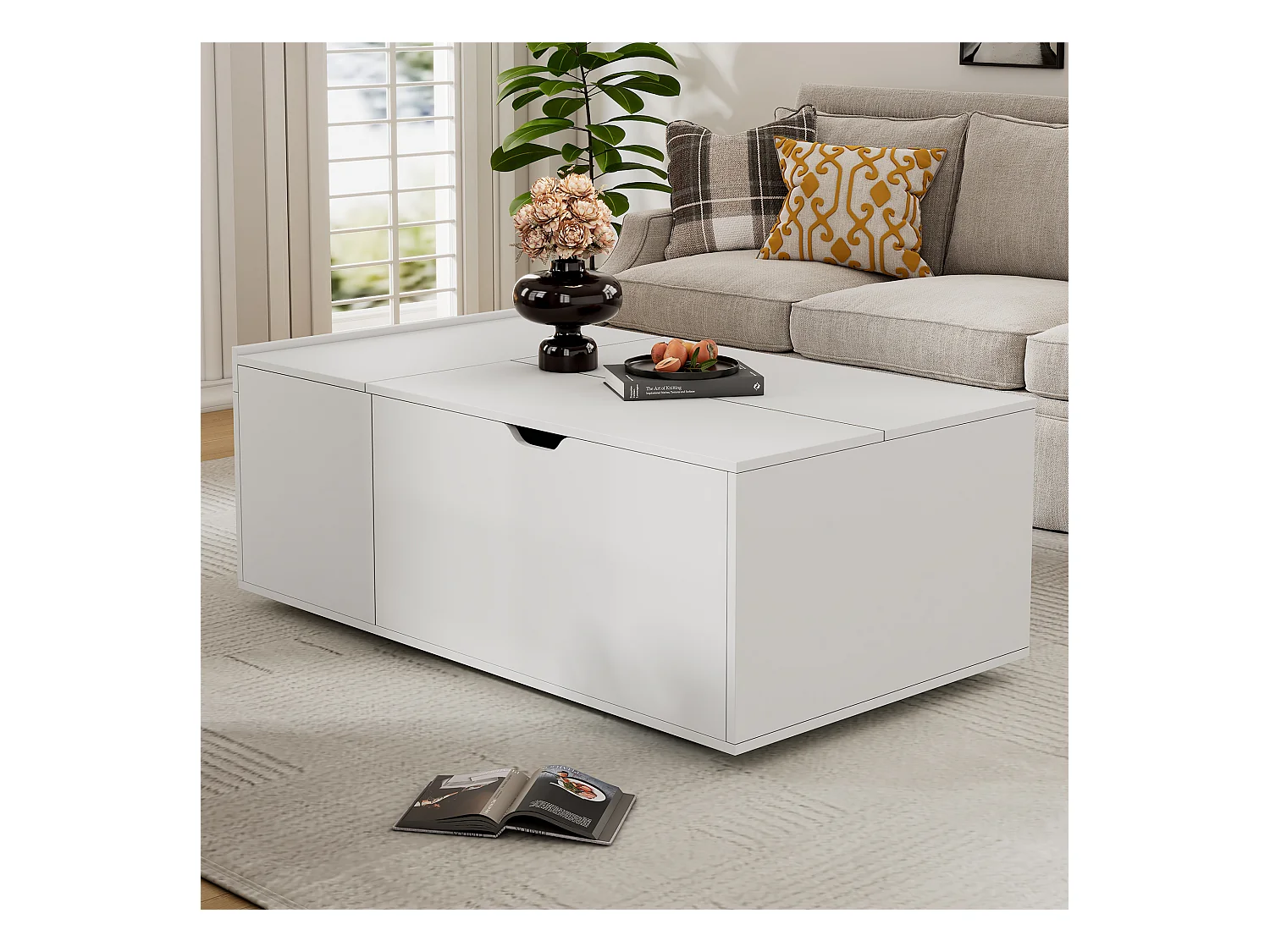 Table basse moderne lift-up avec tiroirs et portes coulissantes, design fonctionnel, bois aggloméré, blanc (120x65x45.5 cm)