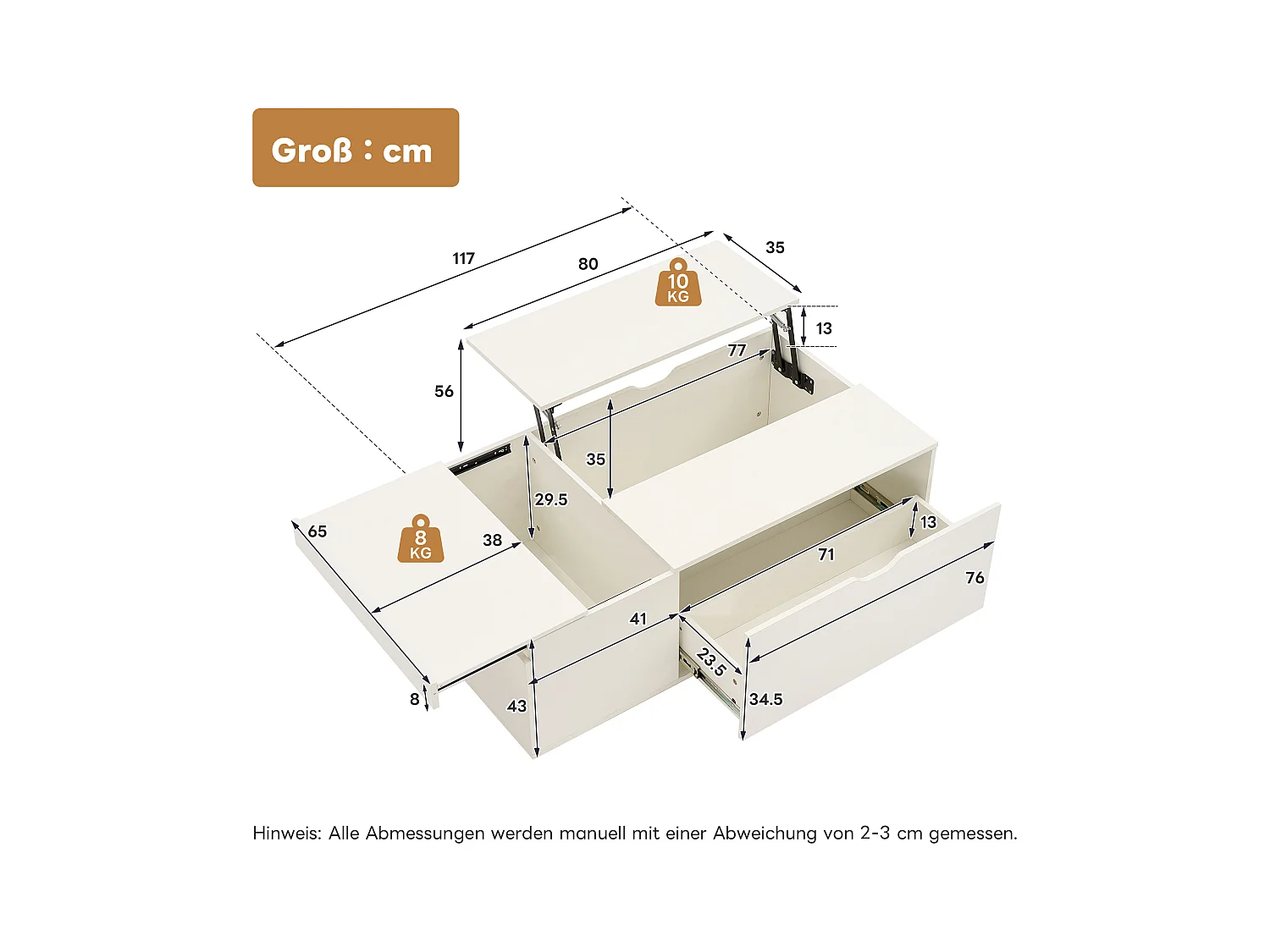 Table basse moderne lift-up avec tiroirs et portes coulissantes, design fonctionnel, bois aggloméré, blanc (120x65x45.5 cm)