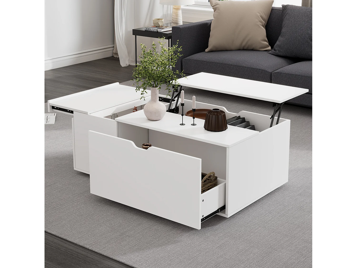 Table basse moderne lift-up avec tiroirs et portes coulissantes, design fonctionnel, bois aggloméré, blanc (120x65x45.5 cm)