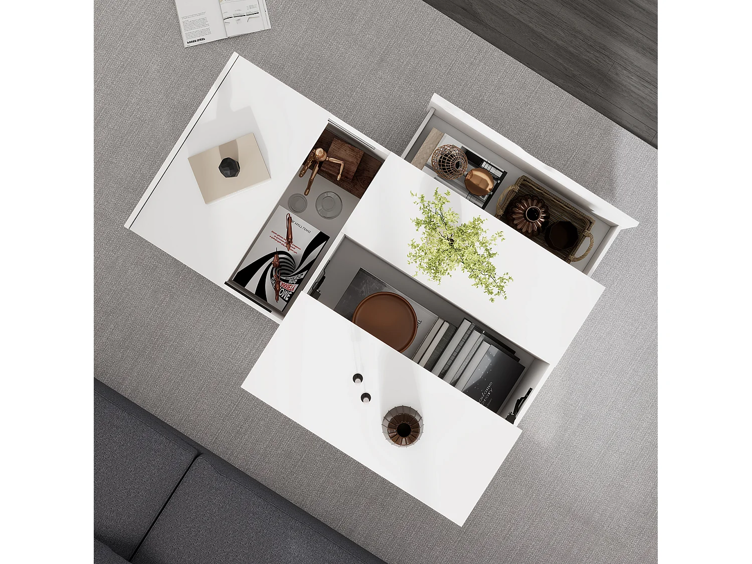 Table basse moderne lift-up avec tiroirs et portes coulissantes, design fonctionnel, bois aggloméré, blanc (120x65x45.5 cm)