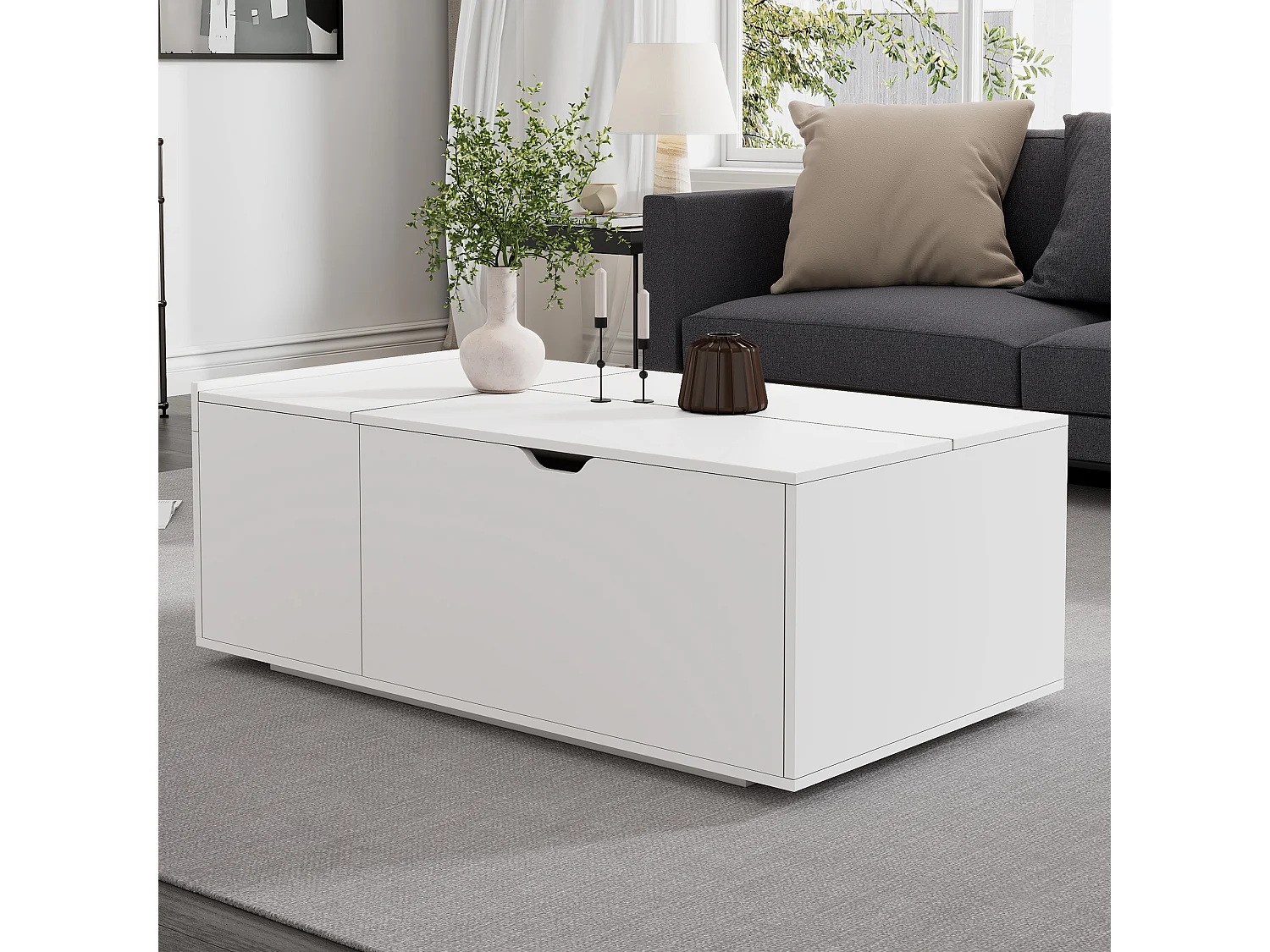 Table basse moderne lift-up avec tiroirs et portes coulissantes, design fonctionnel, bois aggloméré, blanc (120x65x45.5 cm)