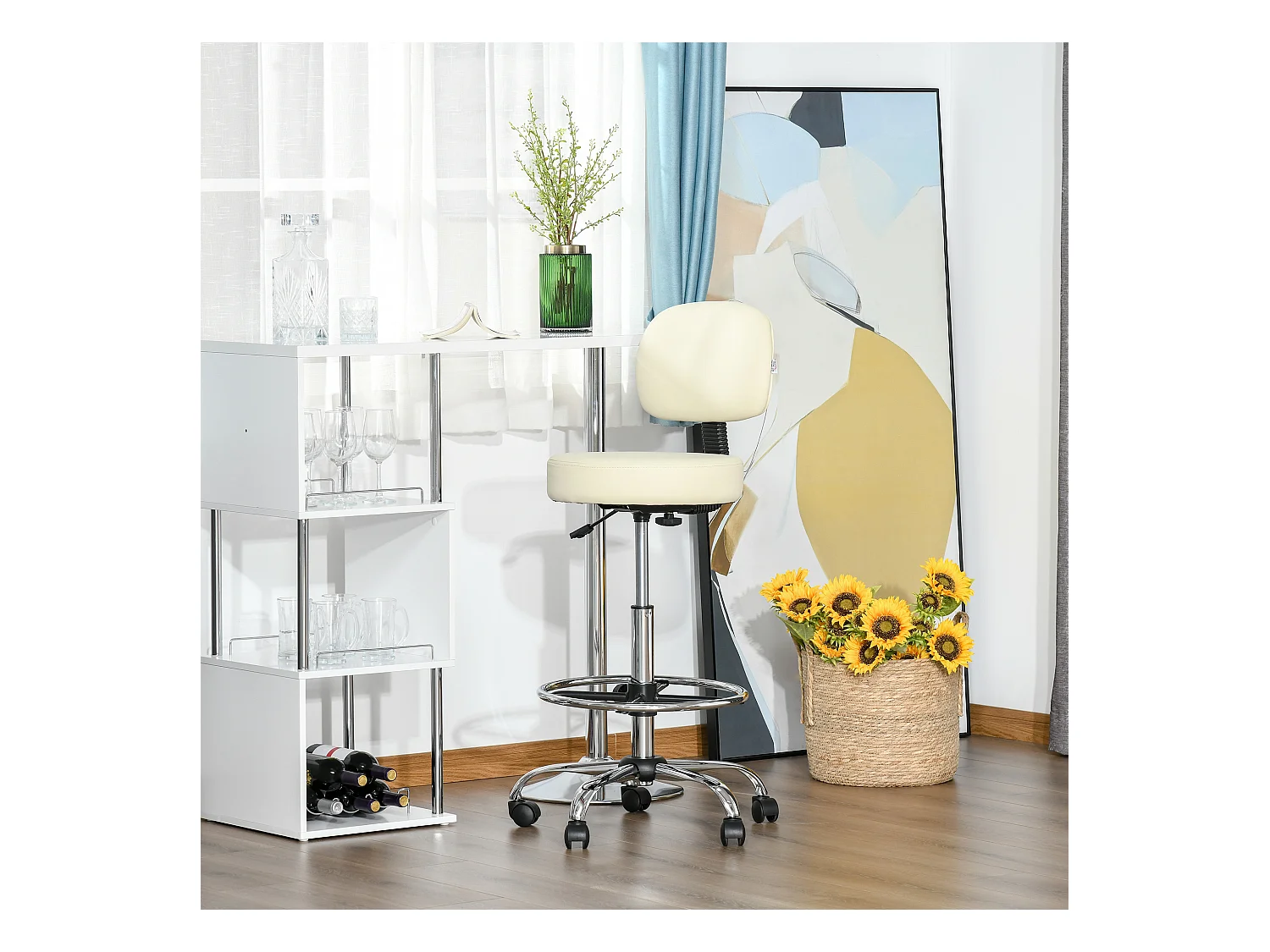 Draaibare barkruk met rugleuning, in hoogte verstelbaar, beige PU-stof, stalen frame (56x57x104-127 cm)