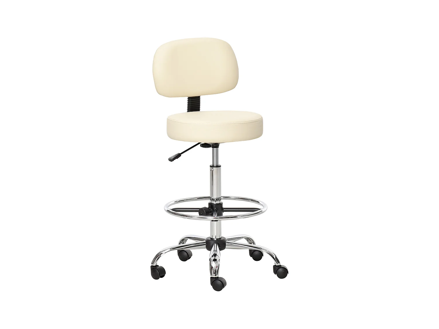 Taburete de bar giratorio con respaldo, altura regulable, tapizado en PU beige, estructura de acero (56 x 57 x 104-127 cm)