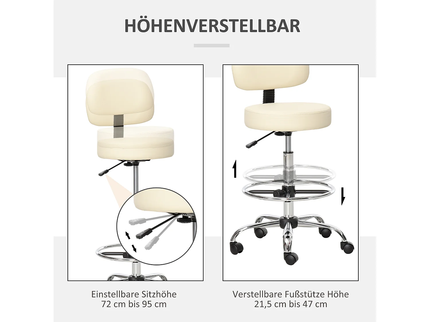 Tabouret de Bar Pivotant avec Dossier, Réglable en Hauteur, Tissu PU Beige, Structure en Acier (56x57x104-127 cm)