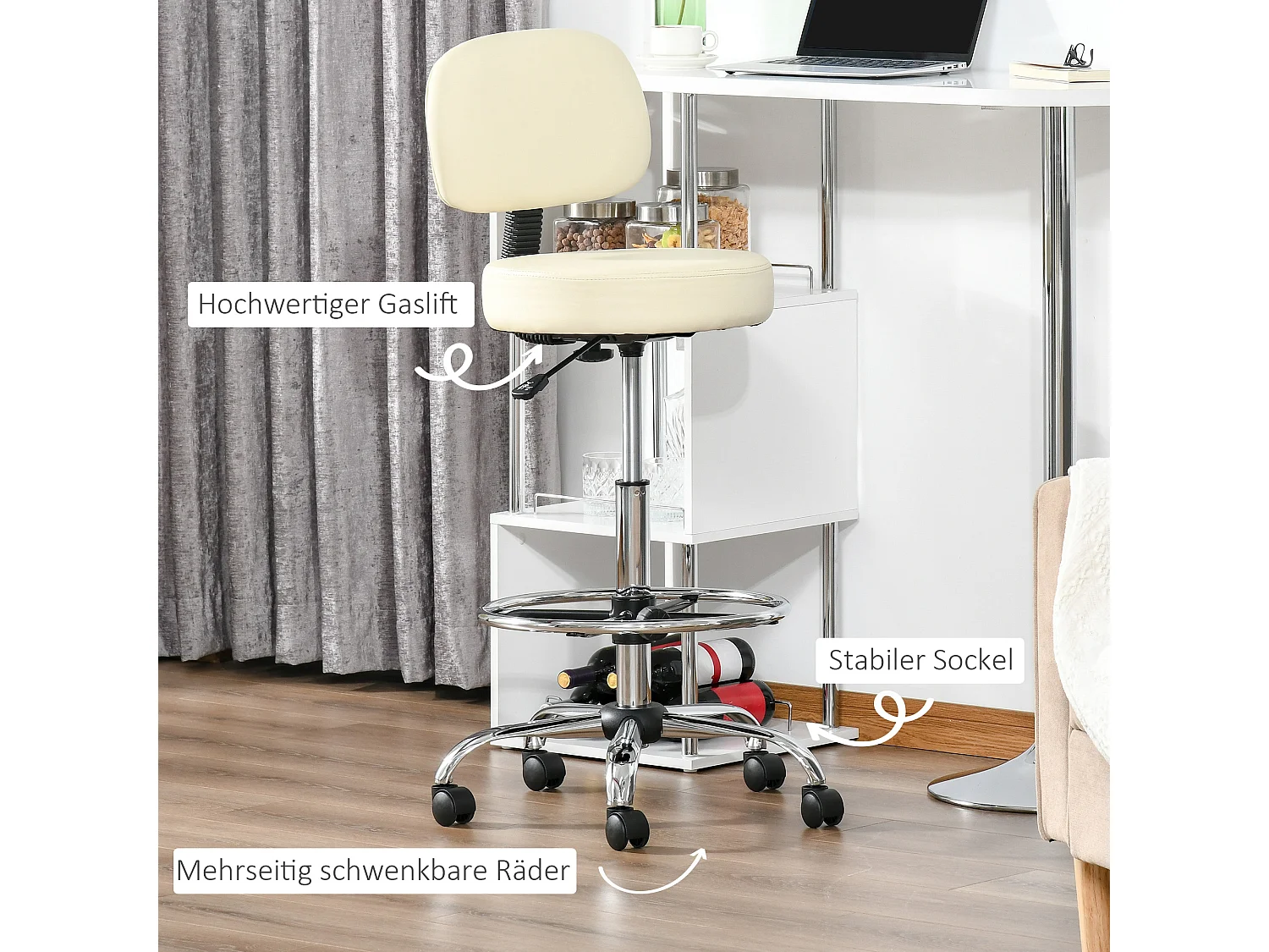 Tabouret de Bar Pivotant avec Dossier, Réglable en Hauteur, Tissu PU Beige, Structure en Acier (56x57x104-127 cm)