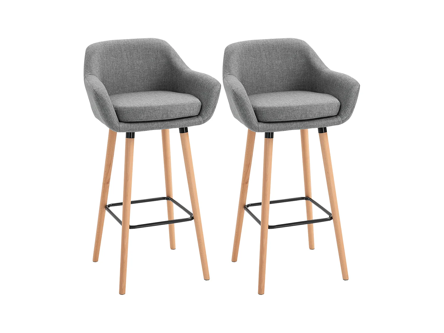 Linnen barkruk met zitkussen, modern design, hout en stof, grijs, met voetenbankje (55x48x100cm)