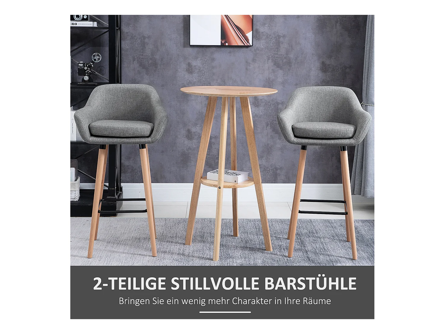 Linnen barkruk met zitkussen, modern design, hout en stof, grijs, met voetenbankje (55x48x100cm)